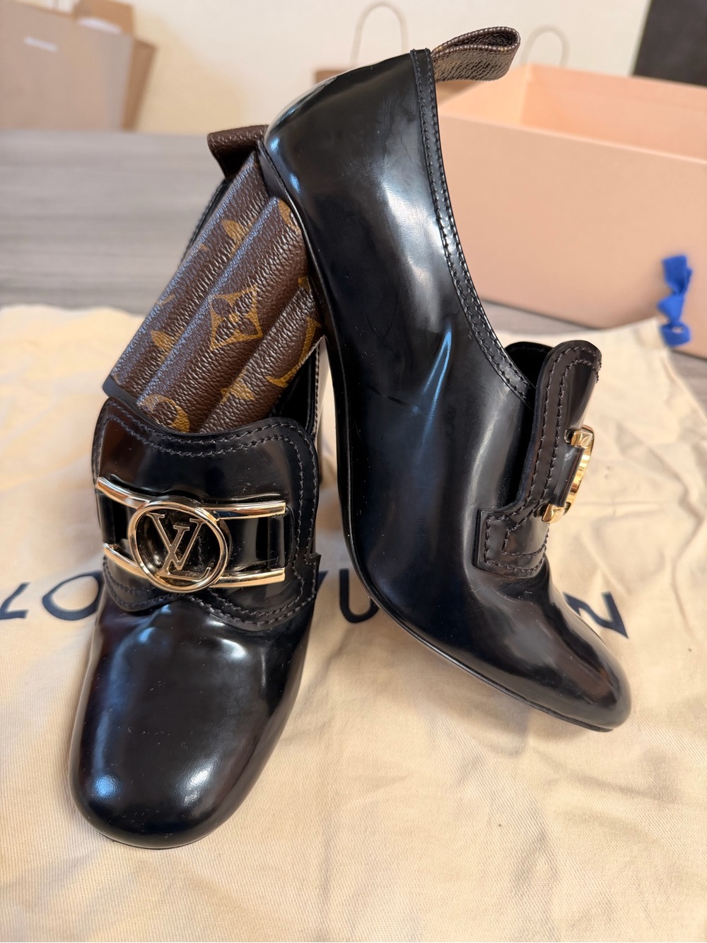 Louis Vuitton Black Patent Leather Heeled Loafers with Gold LV Hardware - Picture 11 of 14